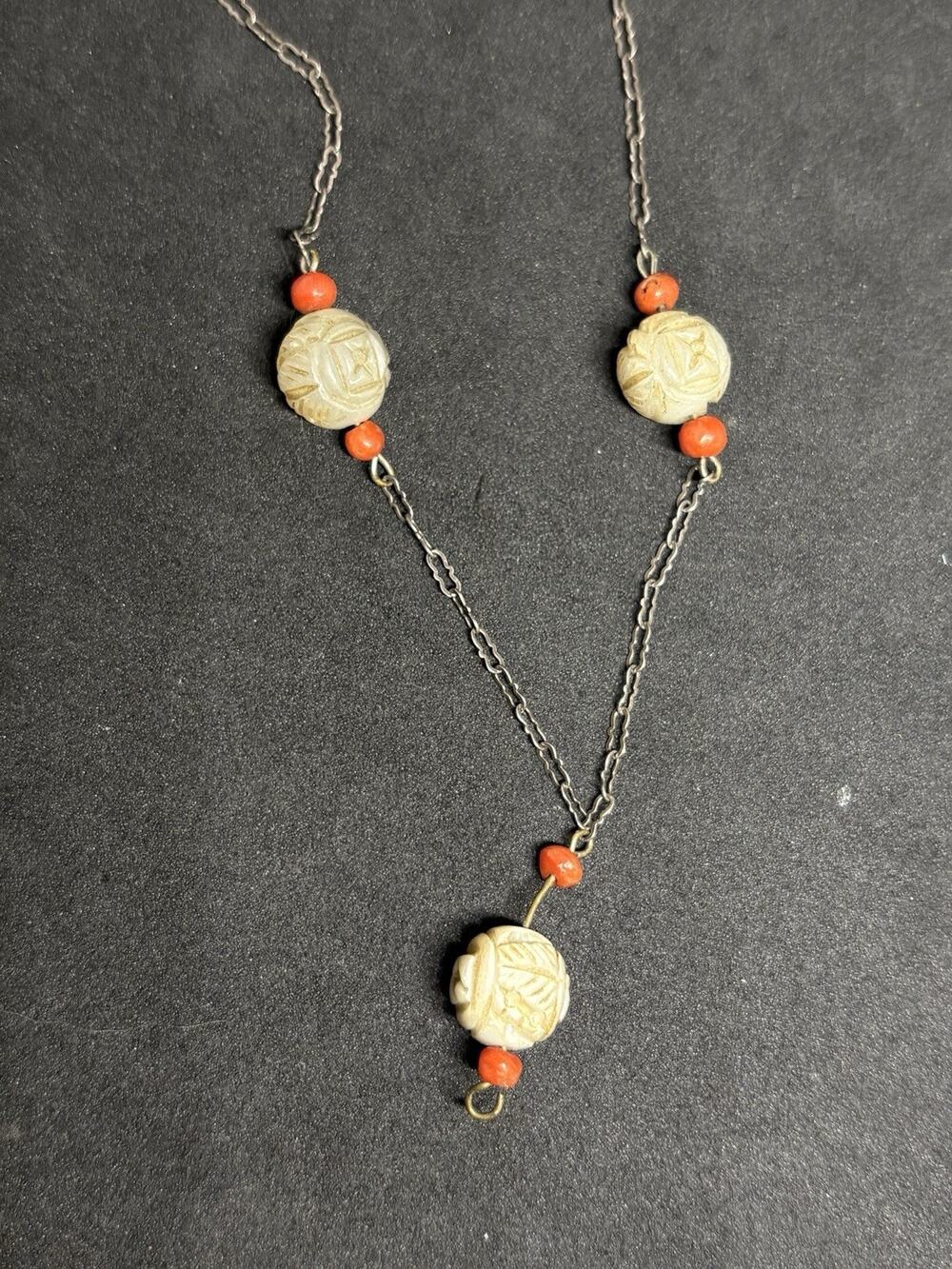 Vtg Art Deco Chinese Export Carved Shou Bead Mop Coral Sterling Silver Necklace